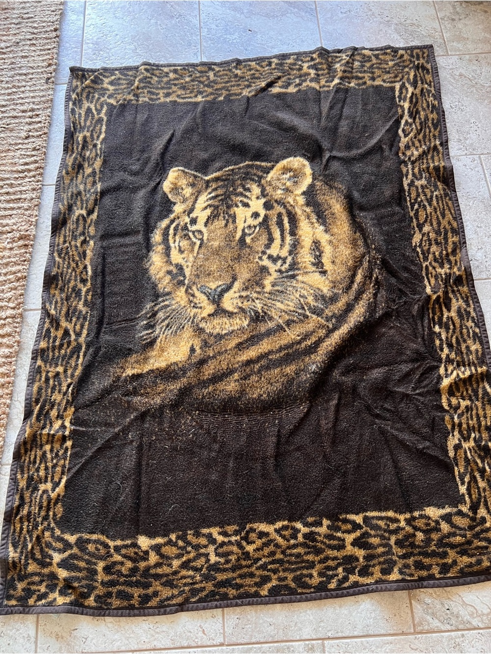 Vintage Biederlack Tiger Print Throw Blanket Black & Gold